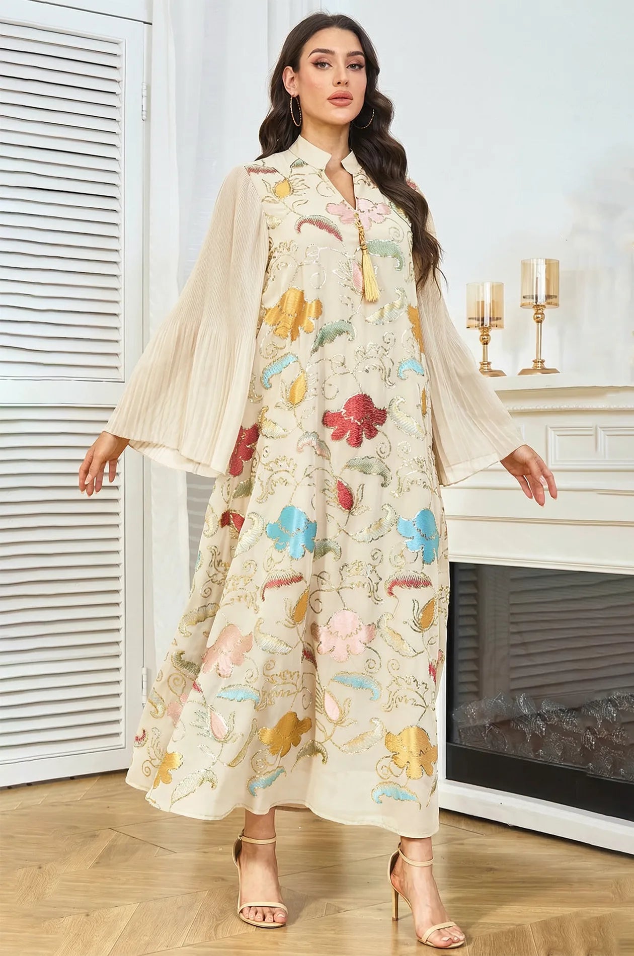 Full front view of the Marylin Beige Kaftan at Naylara, displaying the wide pleated sleeves and artisanal floral motifs.