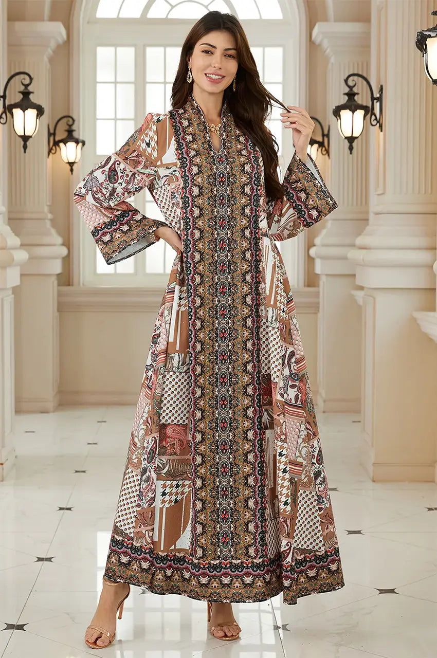 Elegant pose featuring the Nalah modest block print kaftan in green.