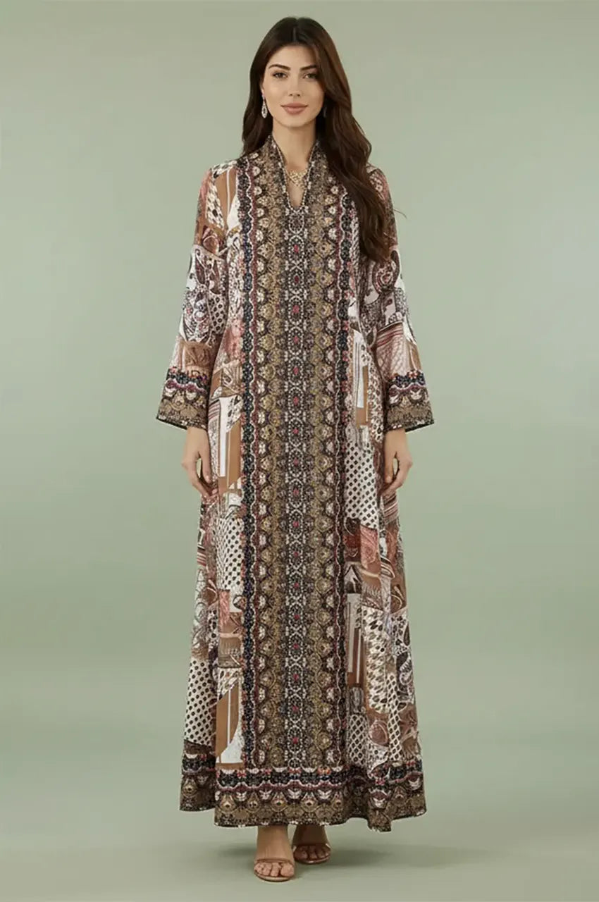 Full-length front view of the Nalah Green block print kaftan with intricate mosaic motifs.