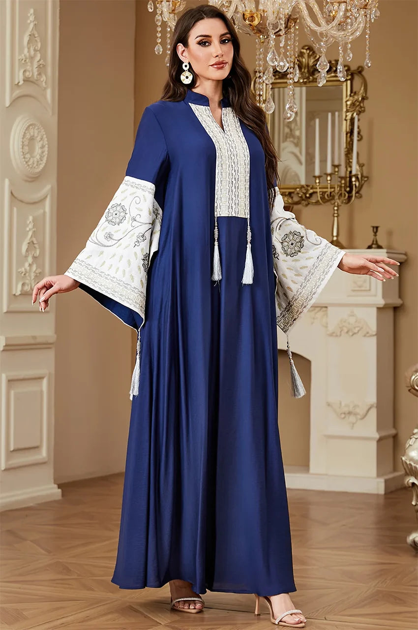 Full-length view of the elegant Navy Blue Nairi cotton kaftan maxi, perfect for luxury resort wear or modest occasions