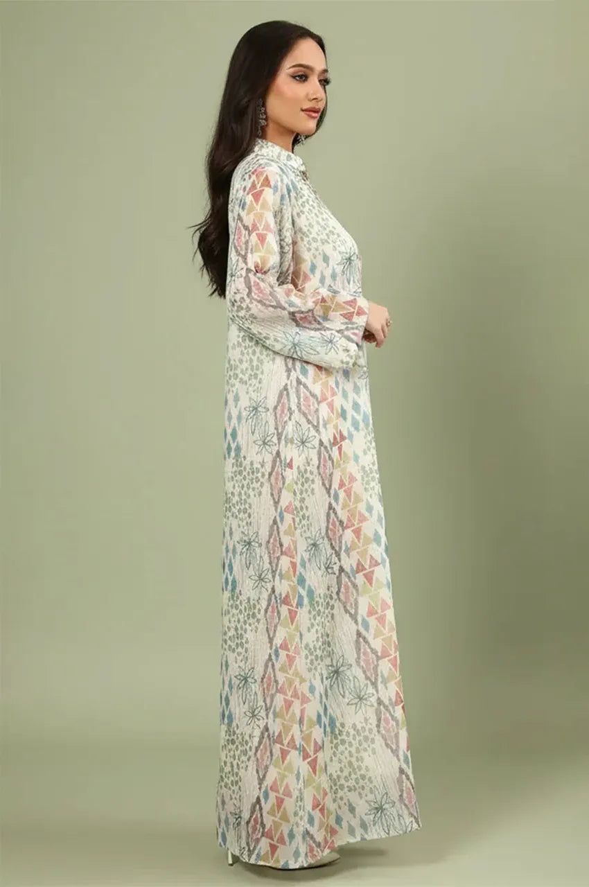 Profile silhouette of the Tyrah white geometric print kaftan highlighting the flowing bell sleeves and ethereal movement.