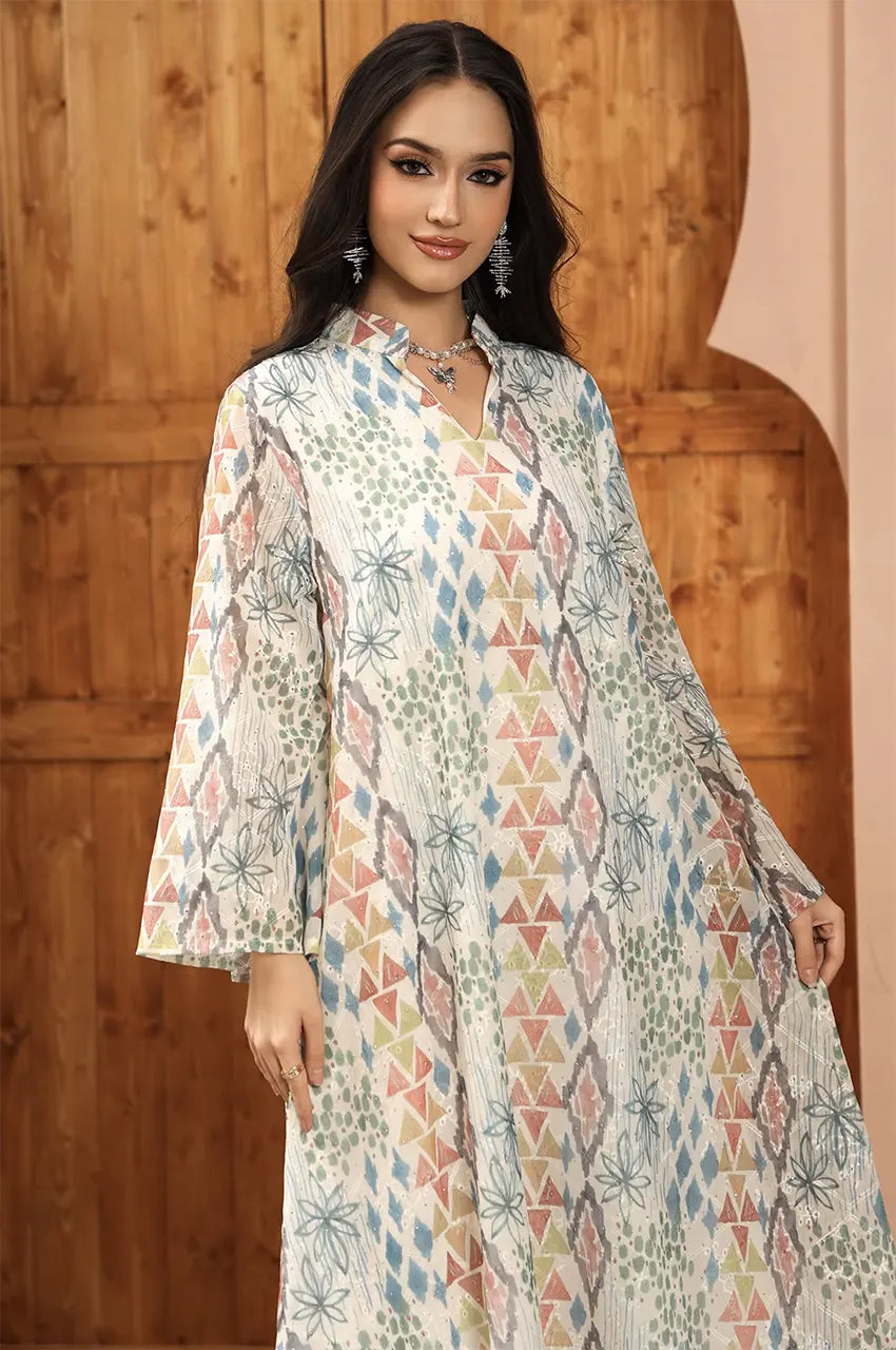 Waist-up detail of the Tyrah white geometric print kaftan demonstrating premium craftsmanship and modest chic design.