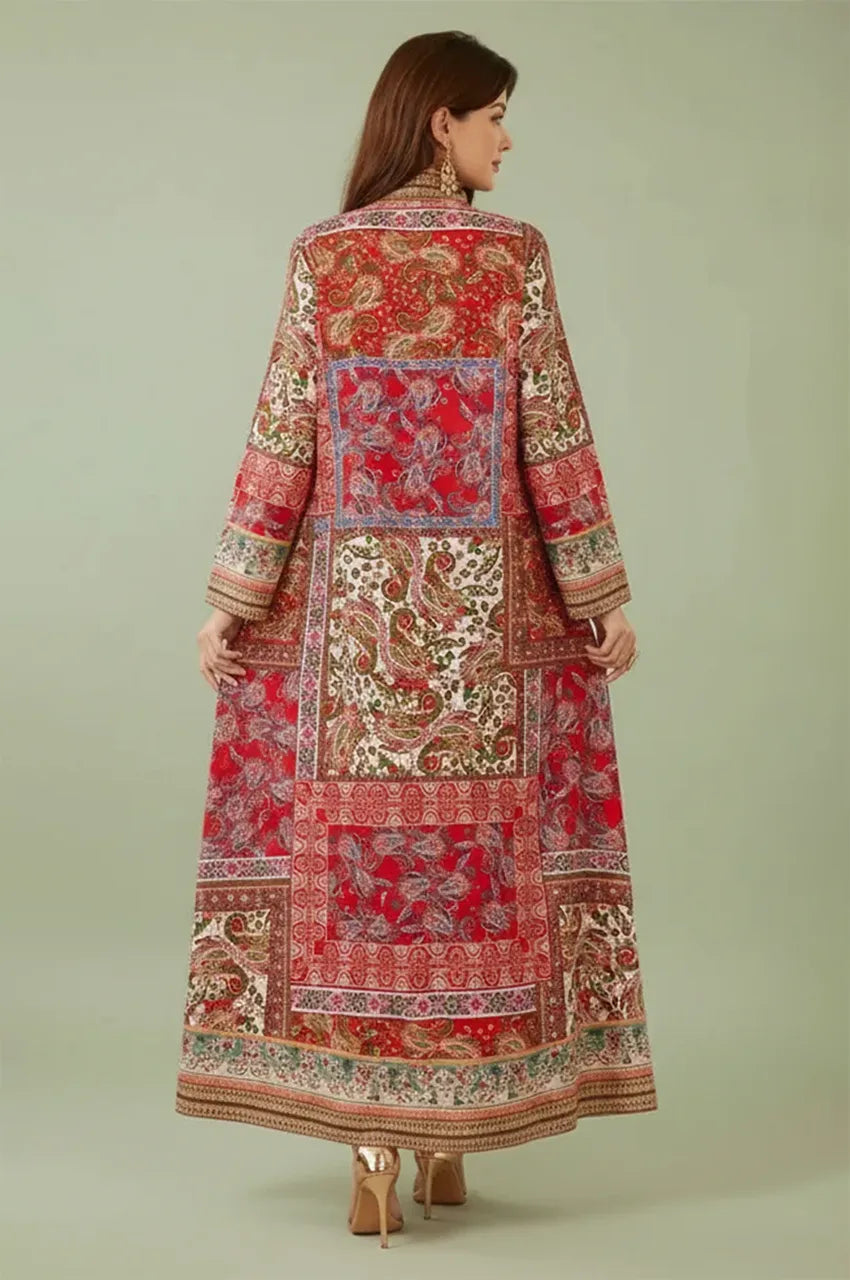 Back view of the Zarin Kaftan showing the symmetrical hand-printed patchwork design.
