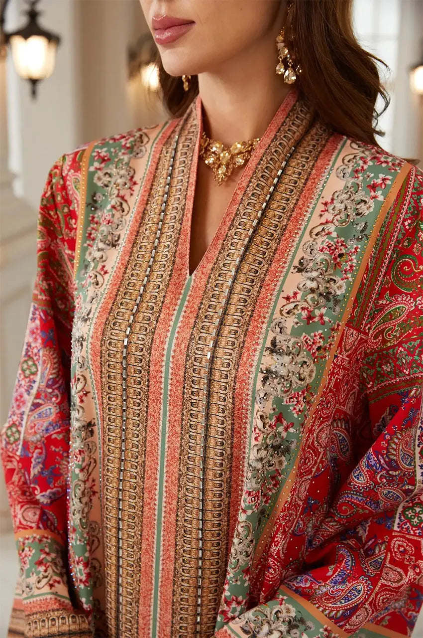 Close-up of the V-neck and hand-printed Sfifa border details on the Zarin Kaftan.