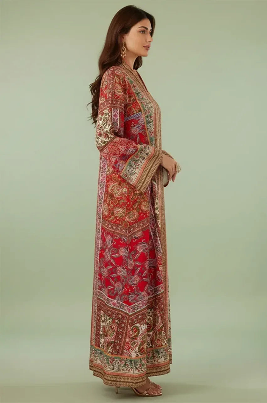 Profile view of the Zarin Red Kaftan showcasing the continuous print flow.