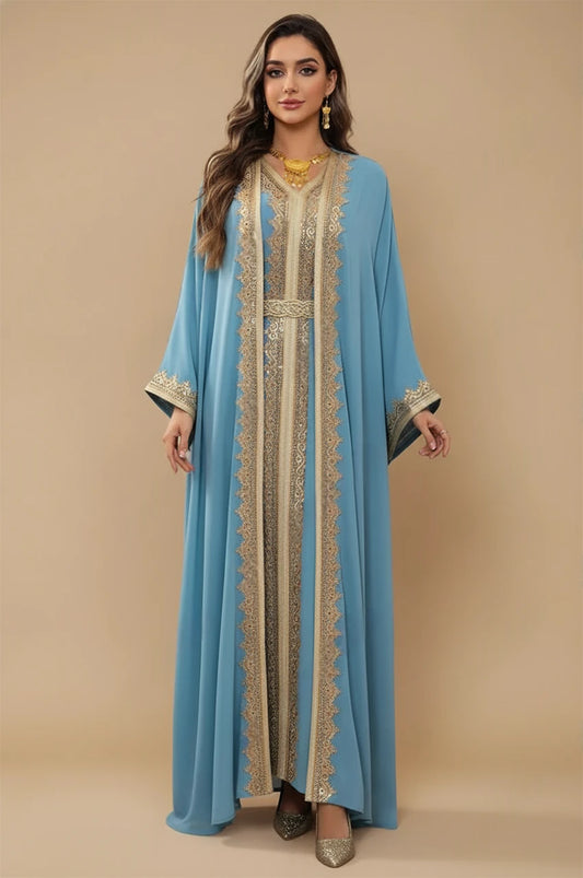 Full front view of the NAYRA sky blue 2-piece set, an elegant long sheer kaftan.