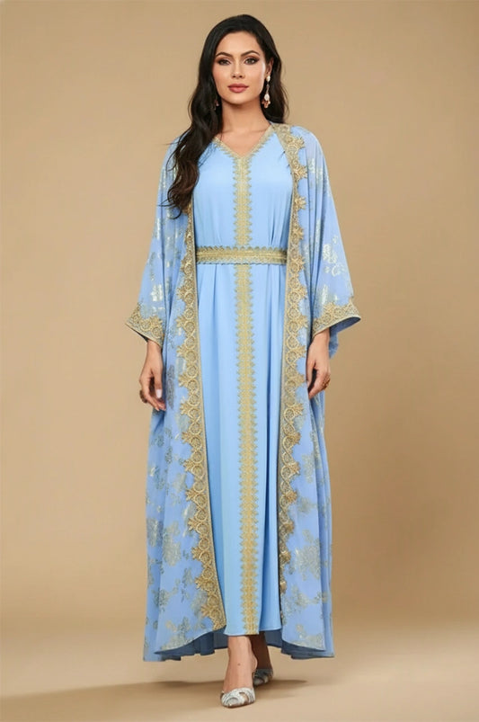 Front view of Nehya light blue and gold 2-piece floral print kaftan dress.