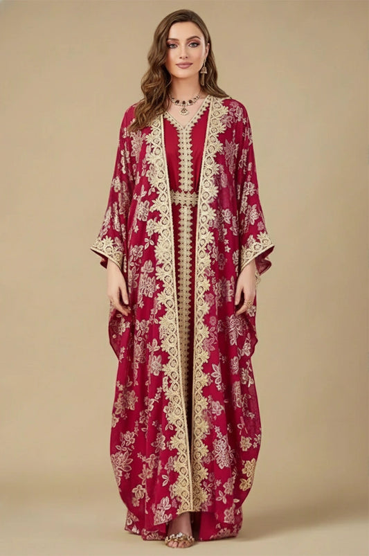 Studio front view of the Nehya red and gold 2-piece floral print kaftan dress.