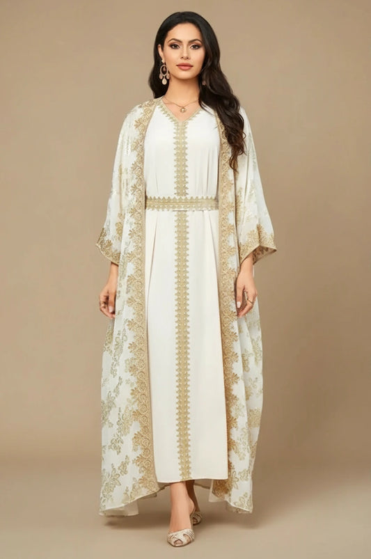 Front view of Nehya white and gold 2-piece floral print kaftan dress with gold embroidery.