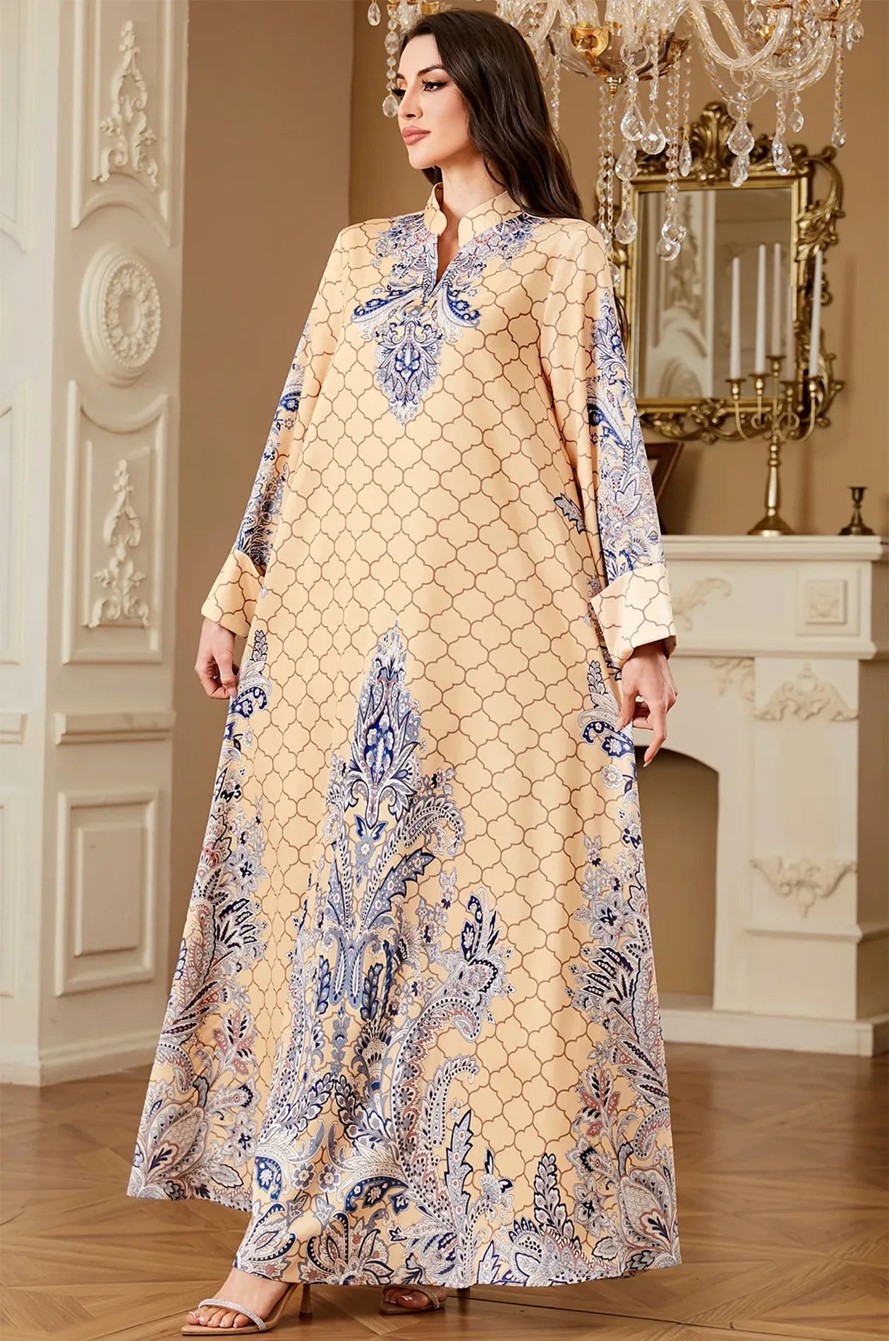 Three-quarter view of the Nirea beige paisley print kaftan, showing the breathable fabric and high-definition ornamental prints.