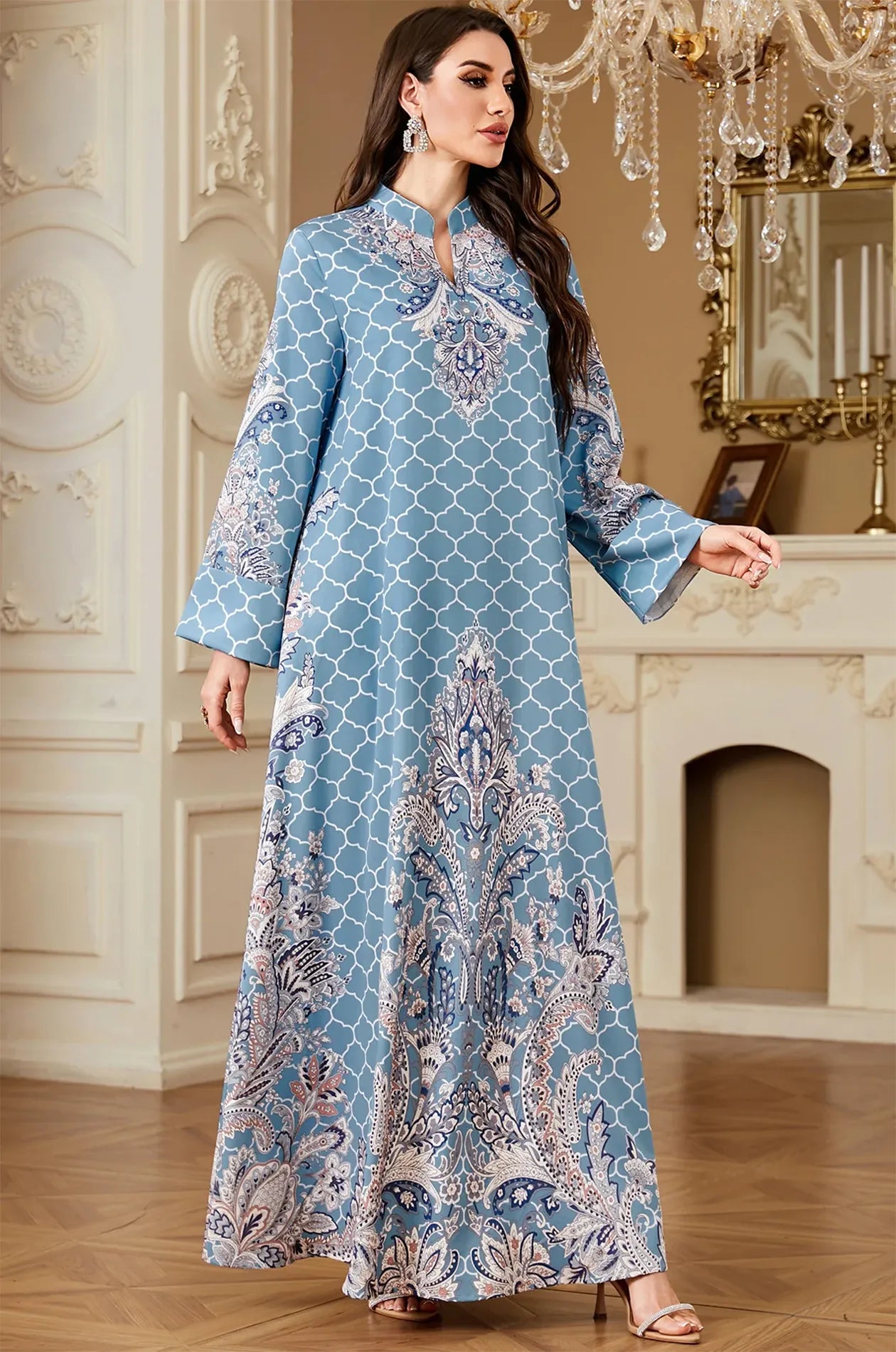 Elegant front pose of the Nirea blue paisley print kaftan by Naylara, emphasizing the comfortable and breathable loose-fit design.
