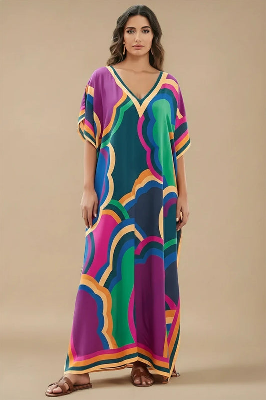 Novah Purple Tropical Kaftan front full length showing multicolor tropical design