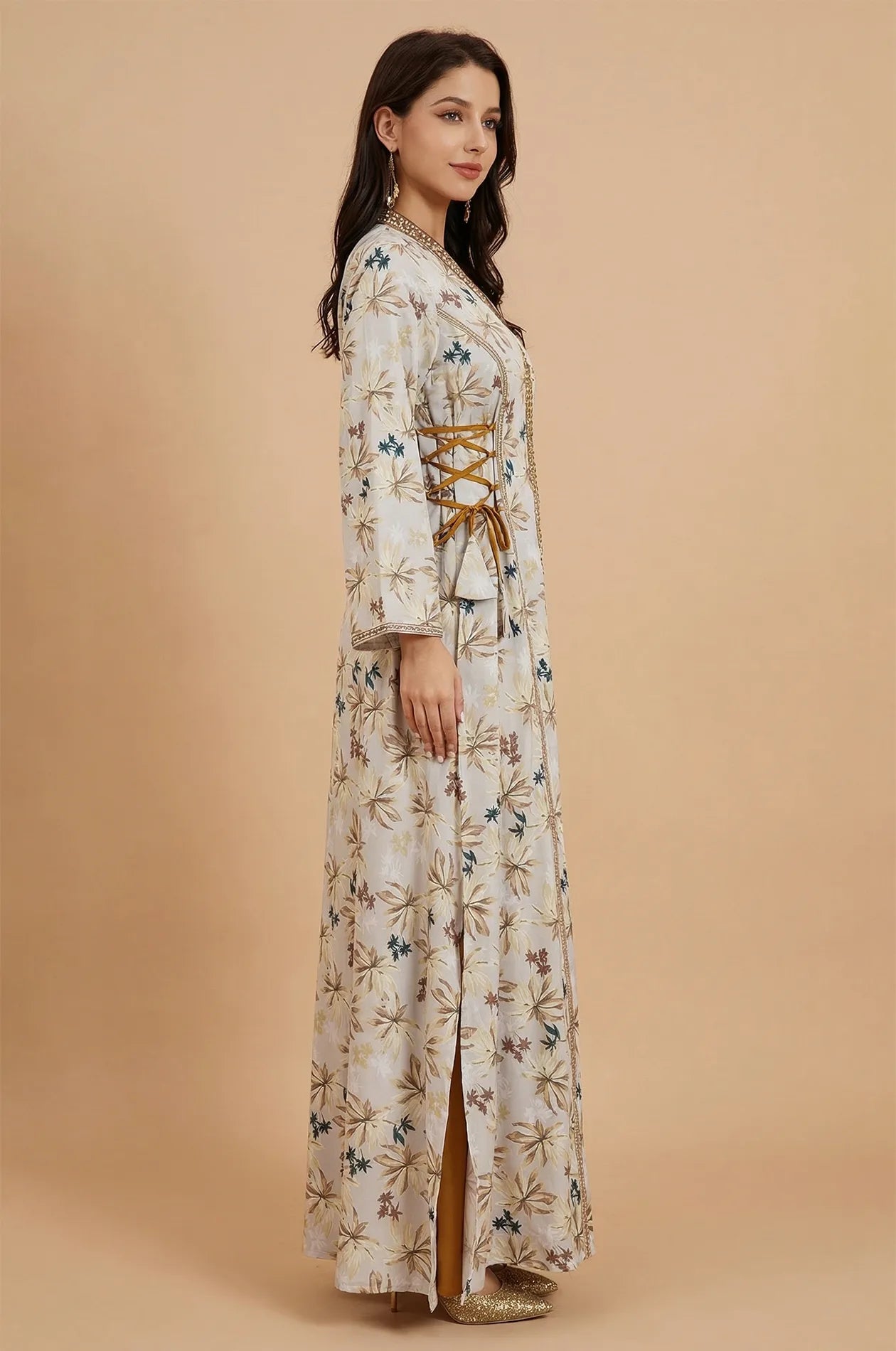 Side profile of Nysria dress highlighting the adjustable lace-up corset detail.