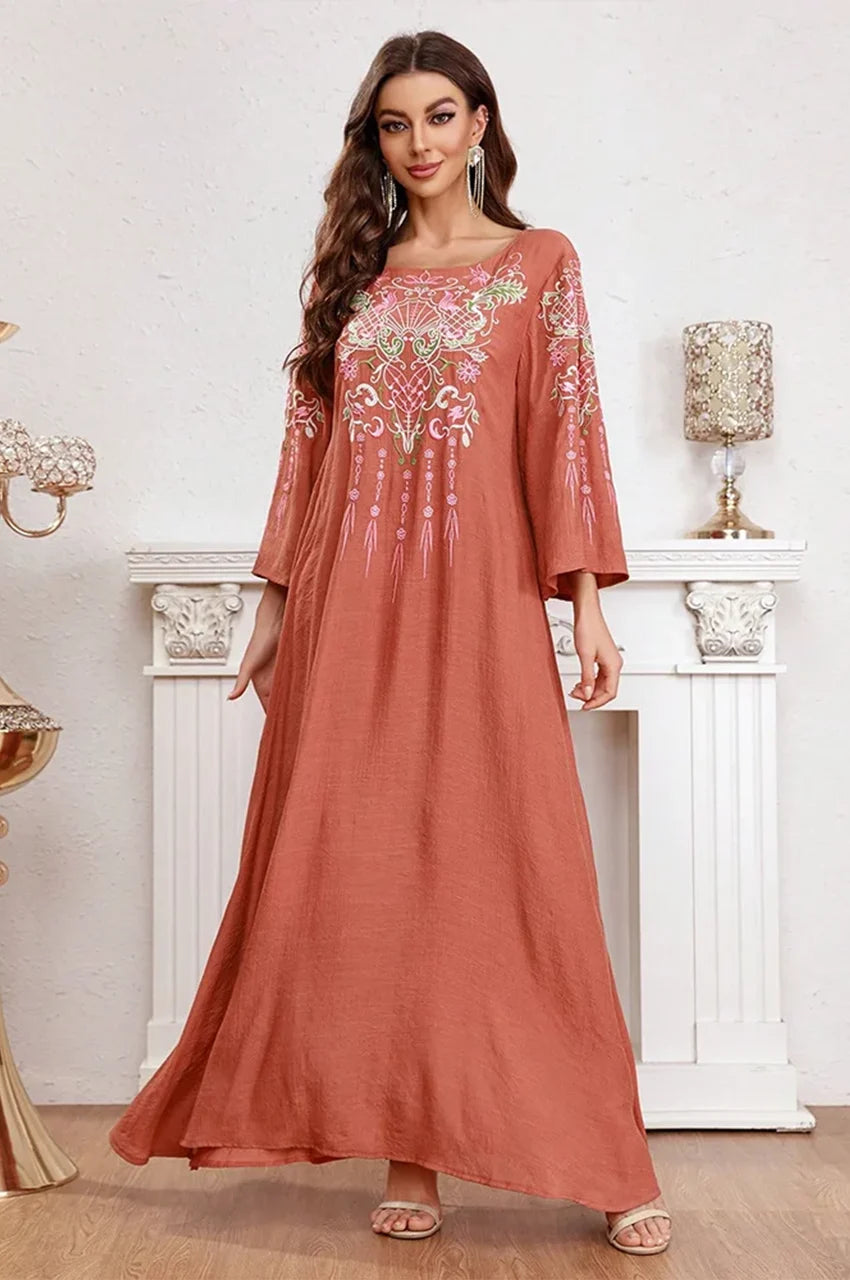 Front pose of Oraya kaftan highlighting chest embroidery and neckline.