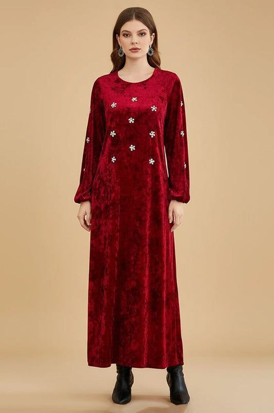 Full front view of Oriya ruby kaftan dress in velvet with crystal details.