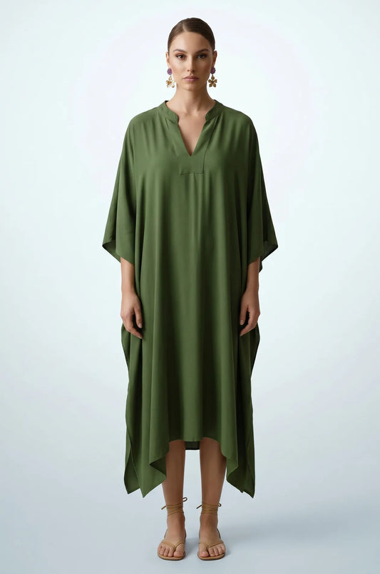 Full length front view of olive green minimalist plain kaftan