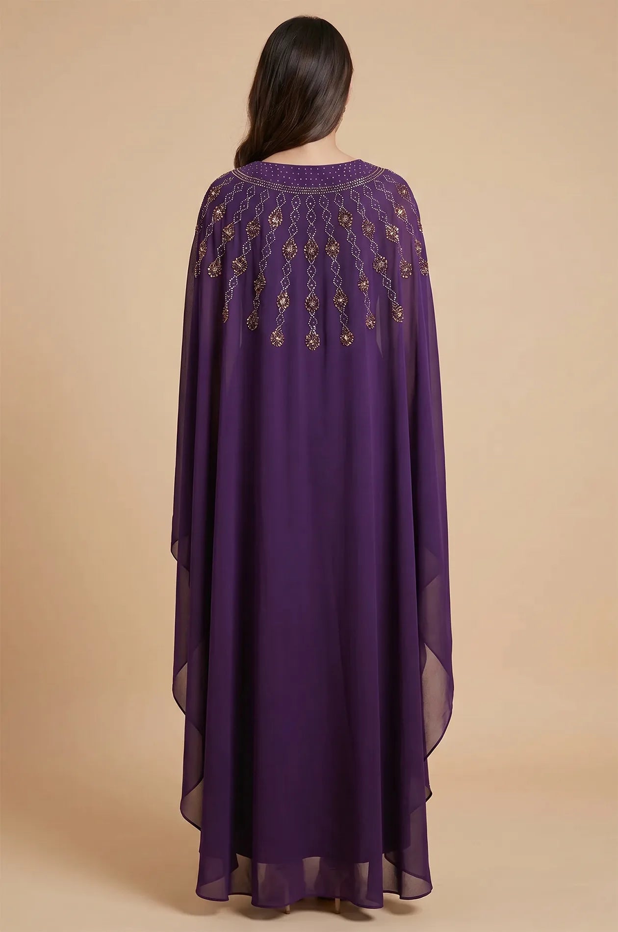 Back view of the Purple Cassia Kaftan showing the continuous rhinestone pattern and cape effect.