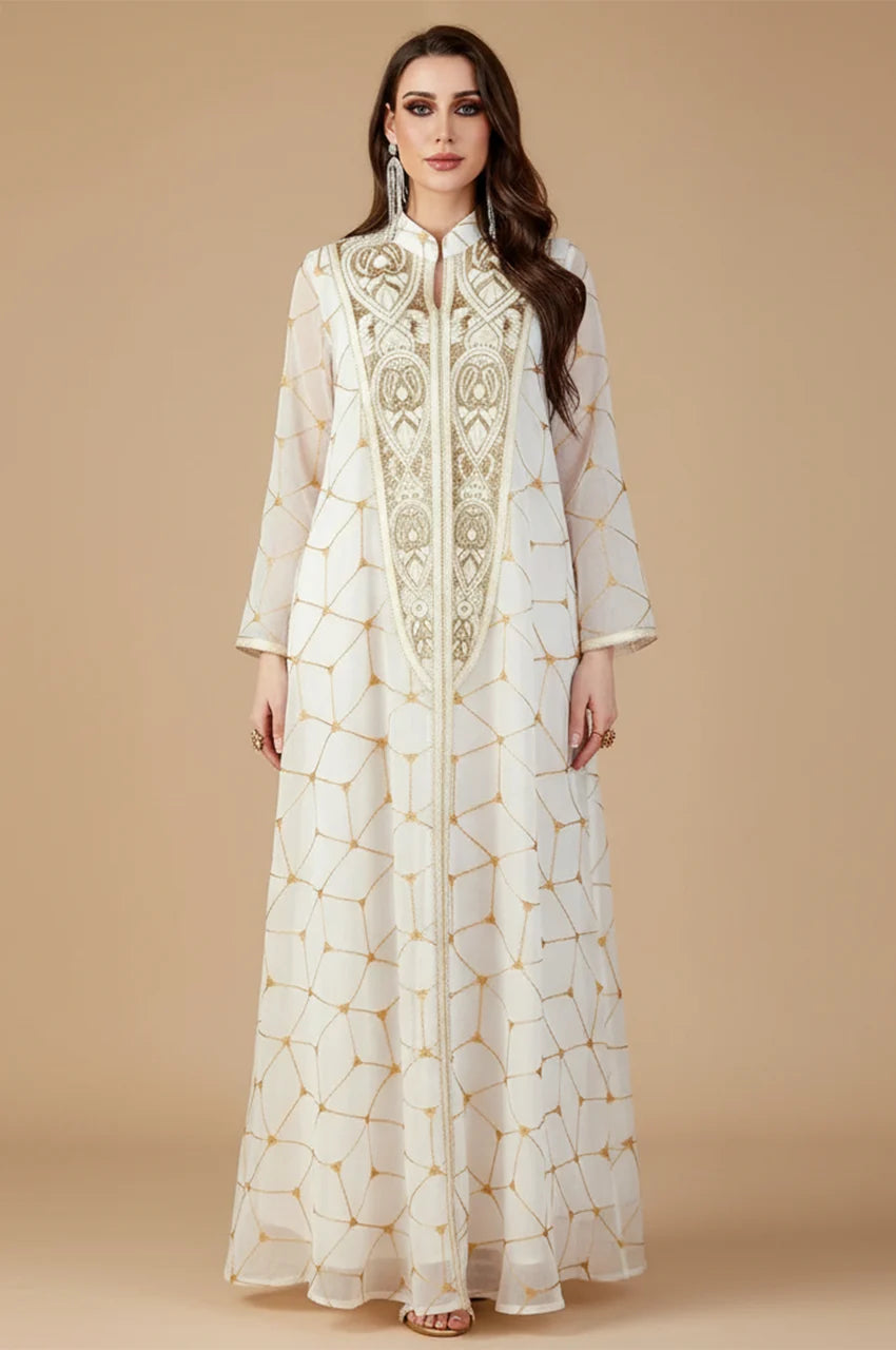 Full length front view of Rahel white and gold kaftan for formal occasions.