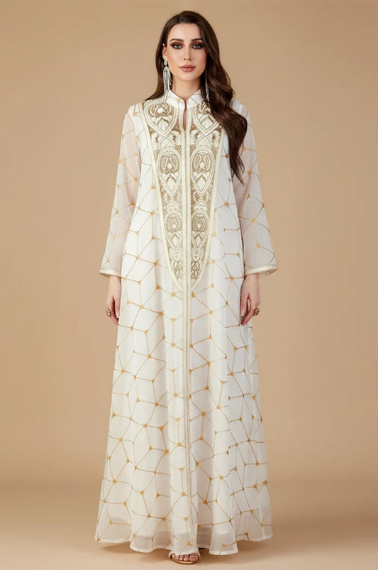 Full length front view of Rahel white and gold kaftan for formal occasions.