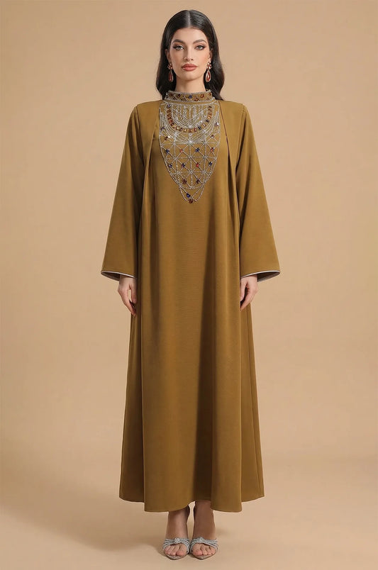 Full front view of the Rami brown crystal kaftan with beaded bodice.