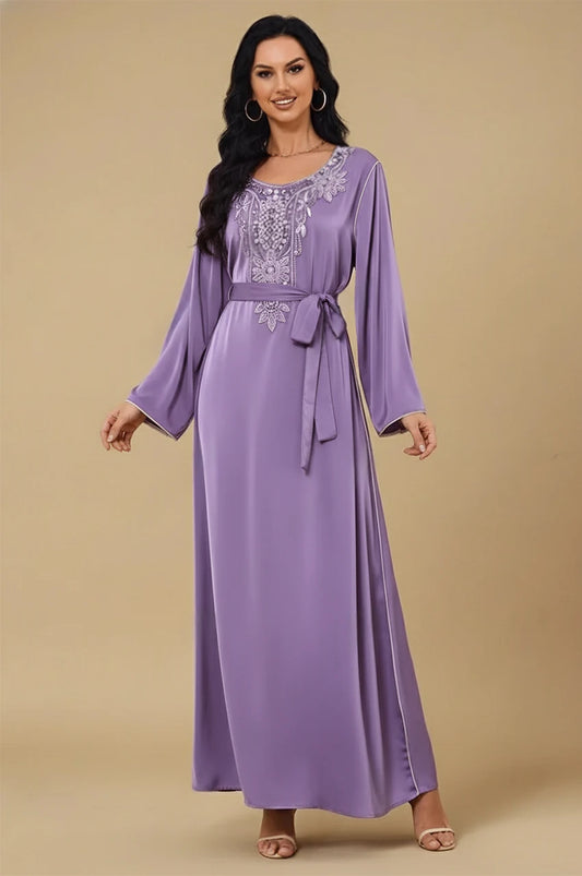 Ranya purple cotton long kaftan with embroidered neckline and belt – front view