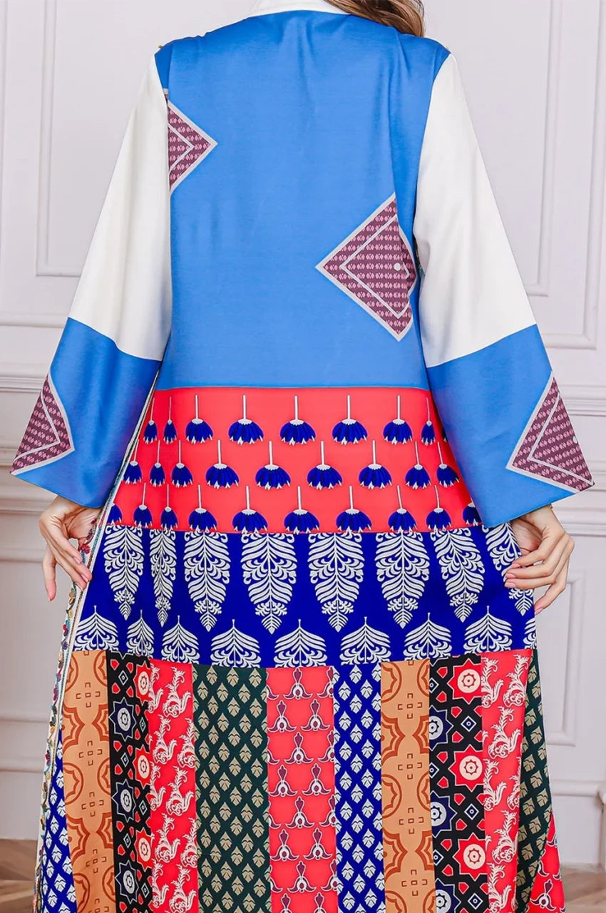 Back view of Safiya kaftan with multicolor patterned skirt and blue sleeves