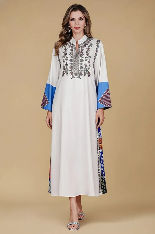 Safiya white embroidered kaftan front view with multicolor neckline and geometric sleeves