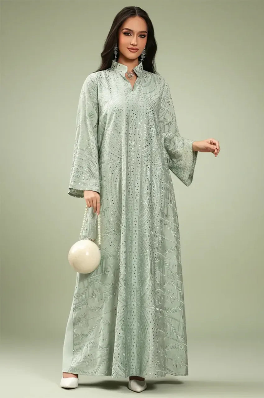 Full-length front view of the Sage Green Maeli Kaftan featuring intricate silver embroidery.