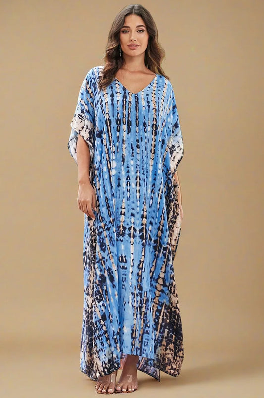 Front view of Sahra Sky Blue Tie Dye Kaftan showcasing flowing bohemian silhouette