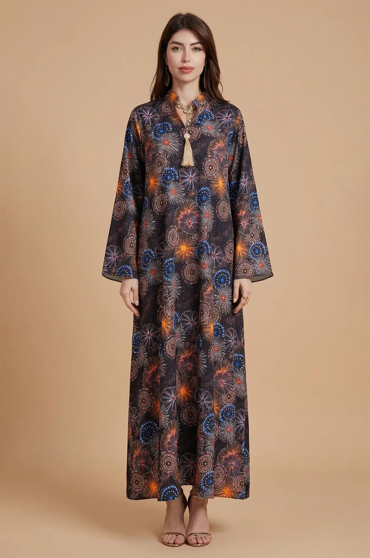Full-length front view of the Samia celestial kaftan in a dark galaxy print.