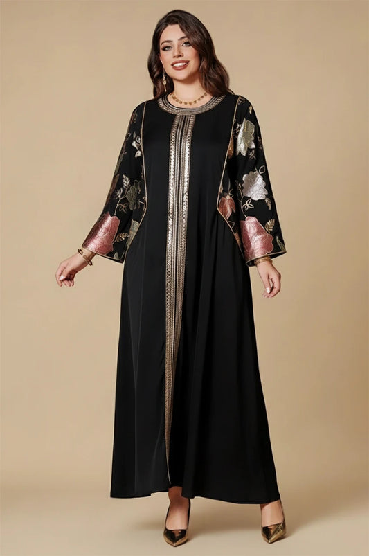 Samira black Pakistan kaftan front view with metallic floral sleeves and gold embroidery