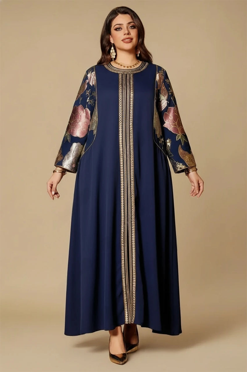 Samira royal blue Pakistan kaftan front view with gold embroidered trim and floral sleeves