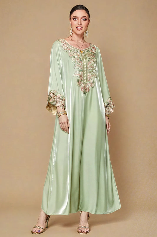 Front view of Sarai mint green kaftan satin silk with embroidered neckline