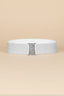 Front view of the Naylara silver metallic cinch belt featuring a sparkling crystal rhinestone buckle.