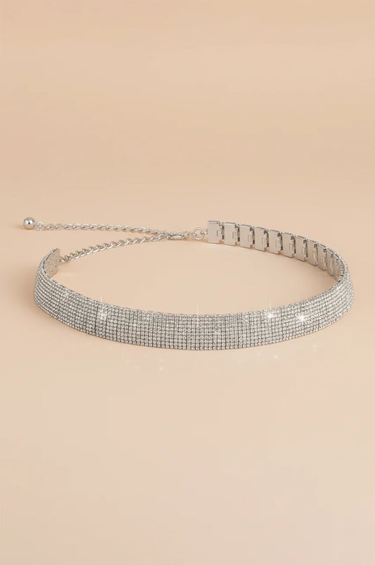 Angled shot of silver crystal waist belt highlighting the thickness and sparkle.