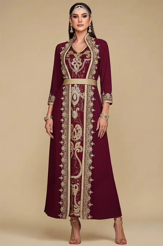 Front view of the SORAI red chiffon kaftan dress with a structured embroidered collar.