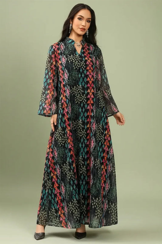 Full front view of the Tyrah black geometric print kaftan featuring a modest maxi silhouette from Naylara.