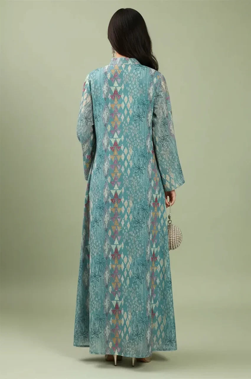Back view of the Tyrah light blue geometric print kaftan showing the symmetrical turquoise mosaic pattern.