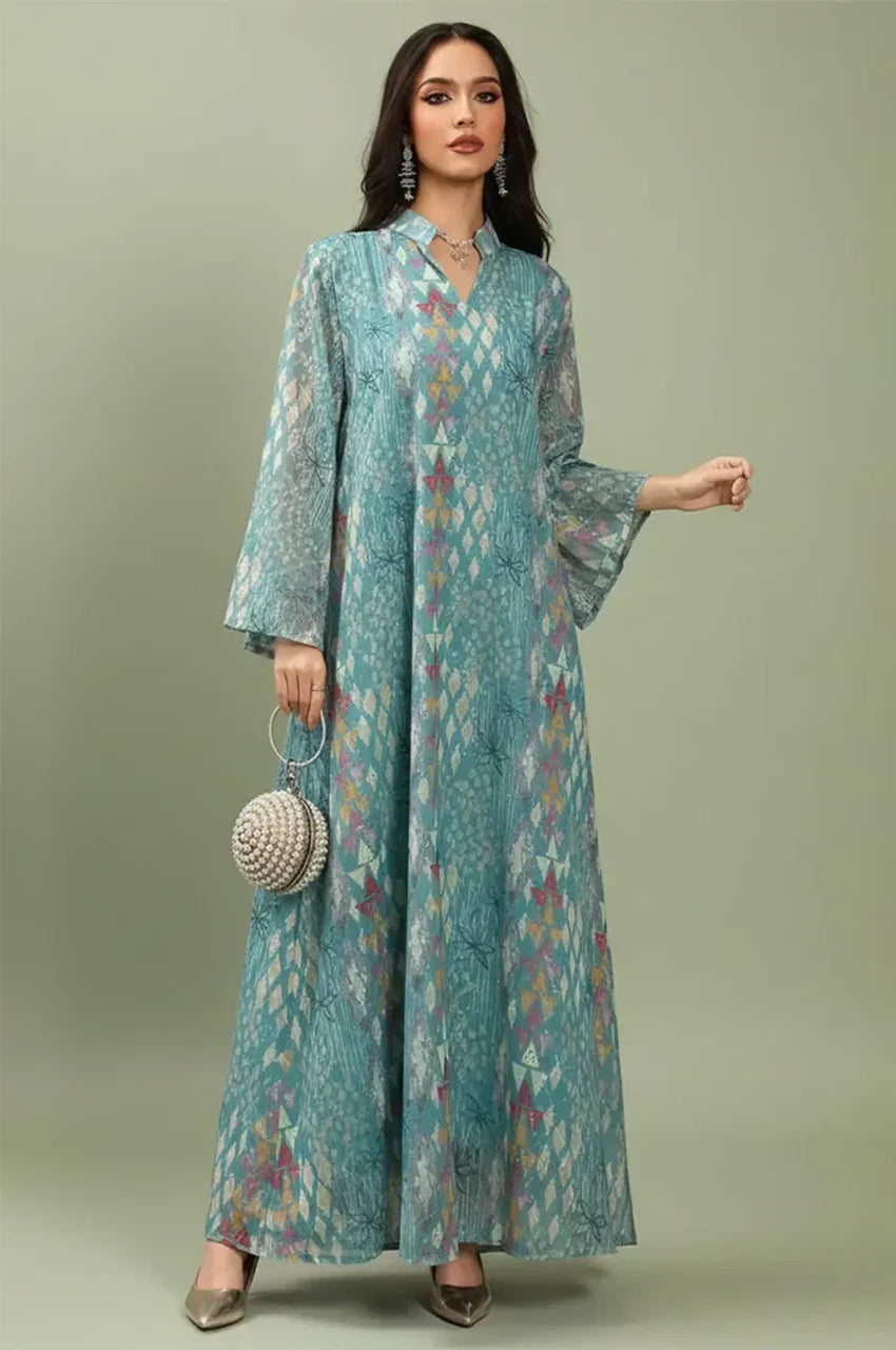 Front view of the Tyrah light blue geometric print kaftan by Naylara featuring a modest maxi silhouette.