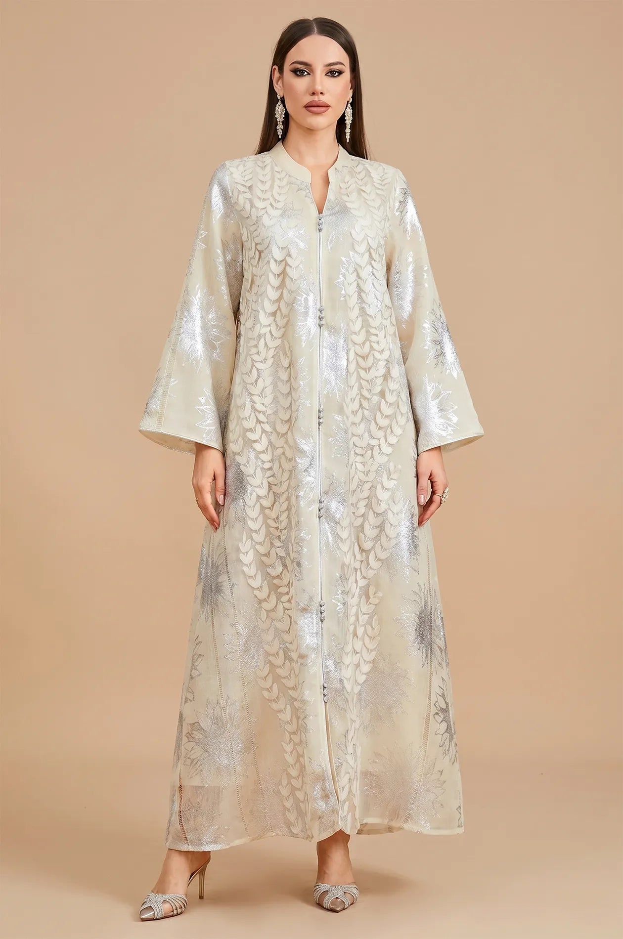 Veris Silver Leaf Embroidered Moroccan Kaftan in White | Naylara