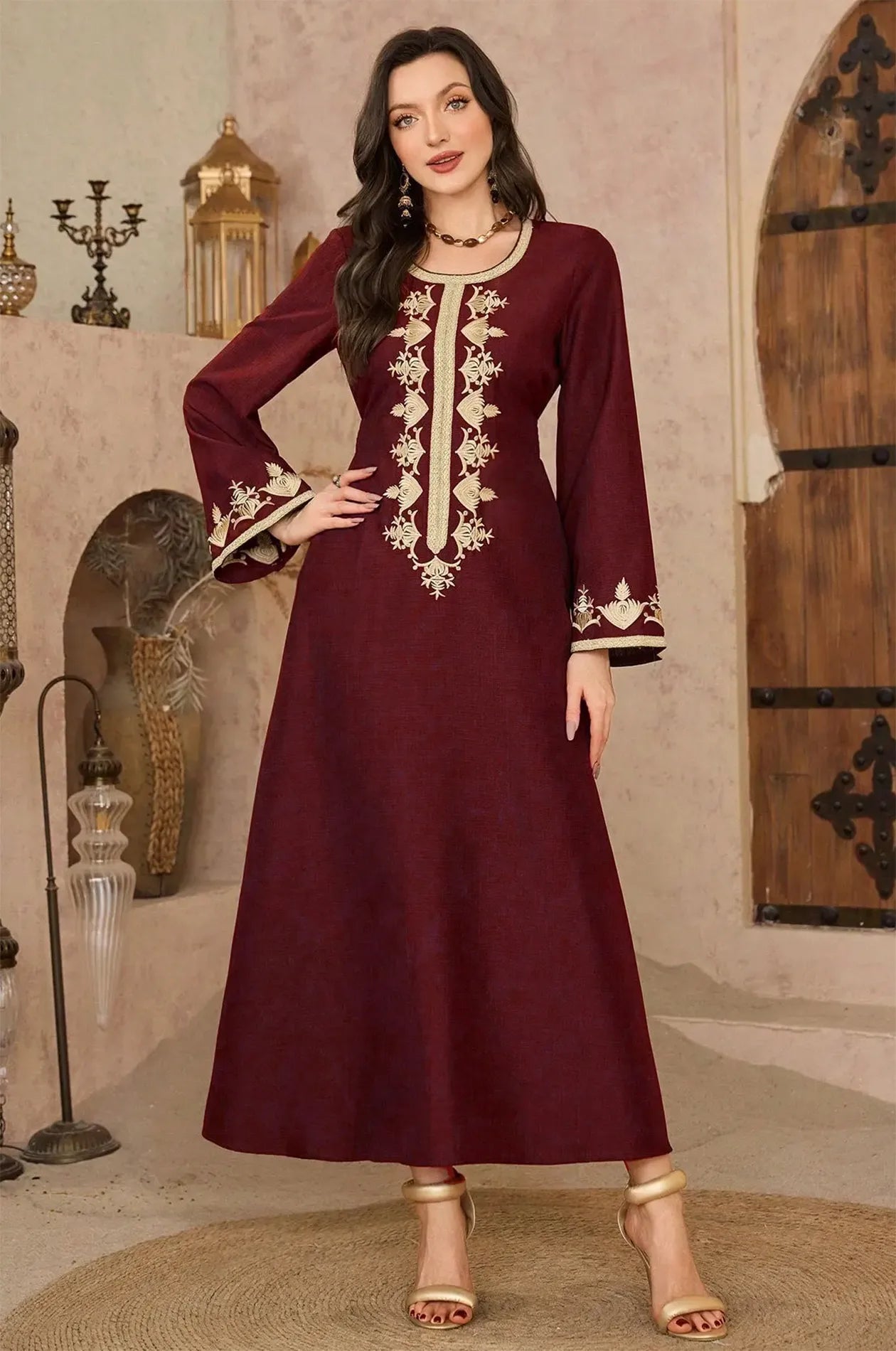 Professional studio shot of the Lelia wine kaftan by Naylara