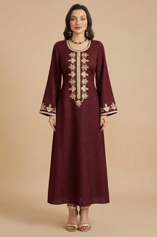 Full front view of Lelia wine kaftan with gold embroidery