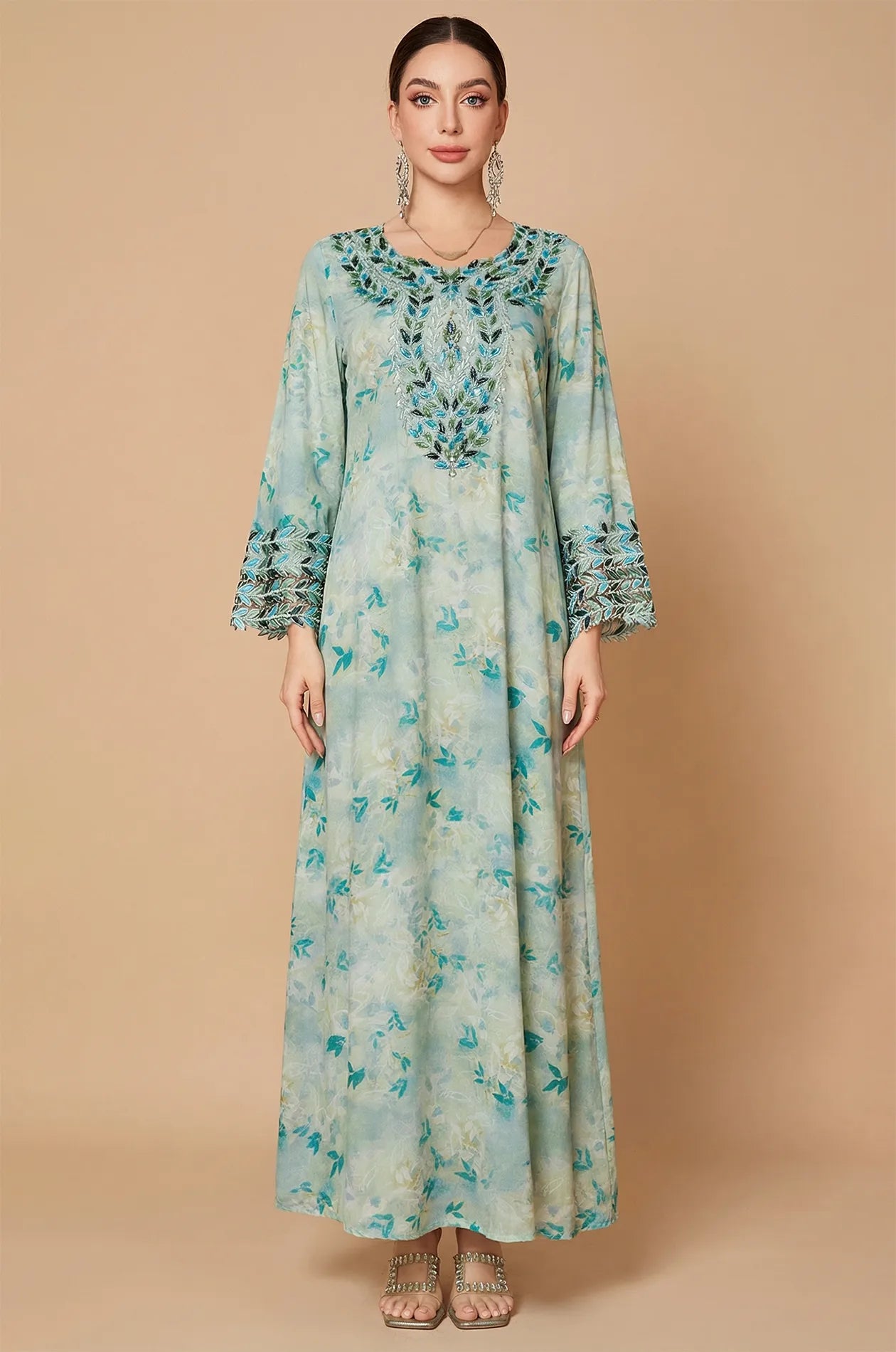 Full front view of the Zahri Mint Kaftan with floral print and beaded neckline.