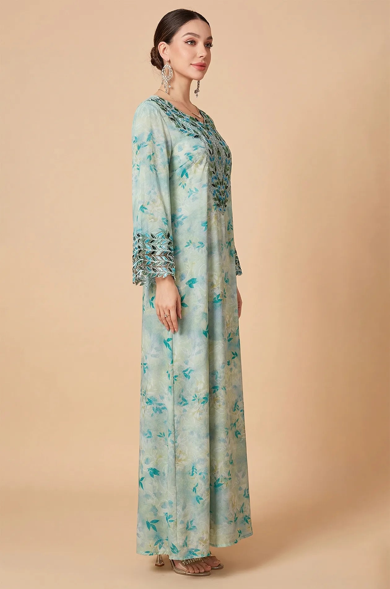 Side profile of the Zahri Mint Floral Kaftan by Naylara.