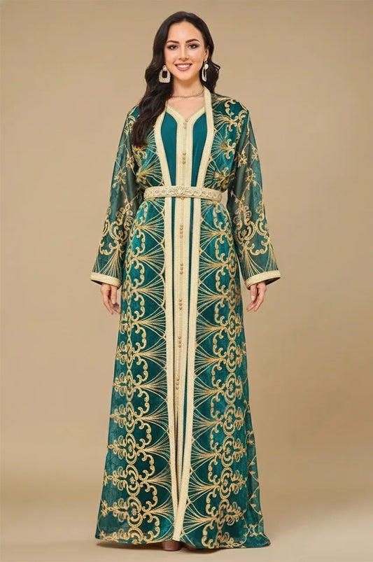 Full-length studio portrait of the Zalia army green kaftan with gold metallic detailing.
