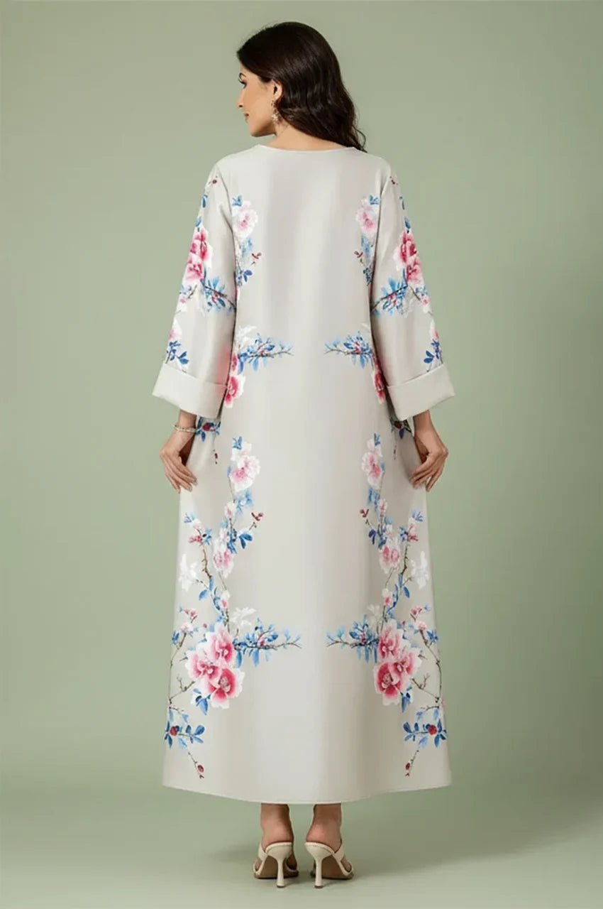 Rear view of Zaree floral kaftan displaying symmetrical print placement.