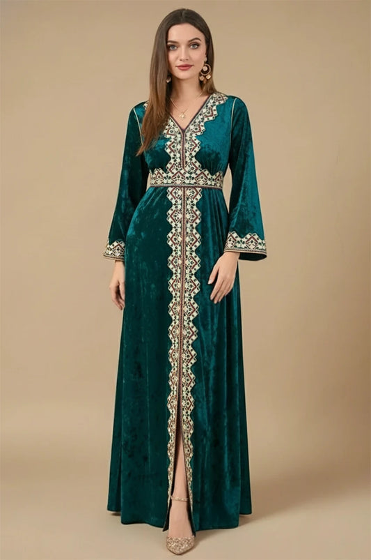 Zaynah dark green Moroccan velvet kaftan full-length front image with gold embroidery
