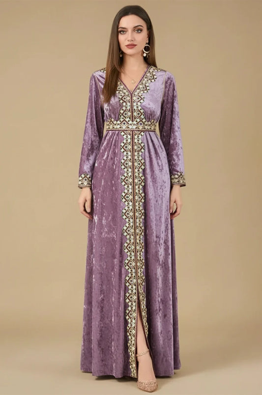 Zaynah pink Moroccan velvet kaftan with embroidered front and V-neckline