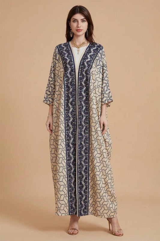 Full-length front view of the Zelia ivory kaftan showing the butterfly sleeves.