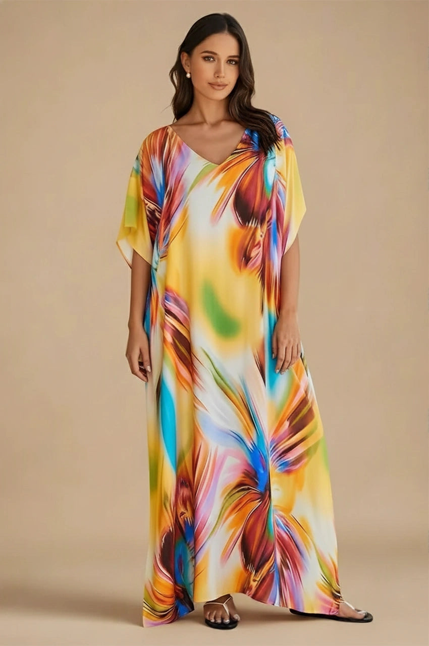 Zyra psychedelic kaftan in multicolor front view with abstract print and flowing maxi silhouette
